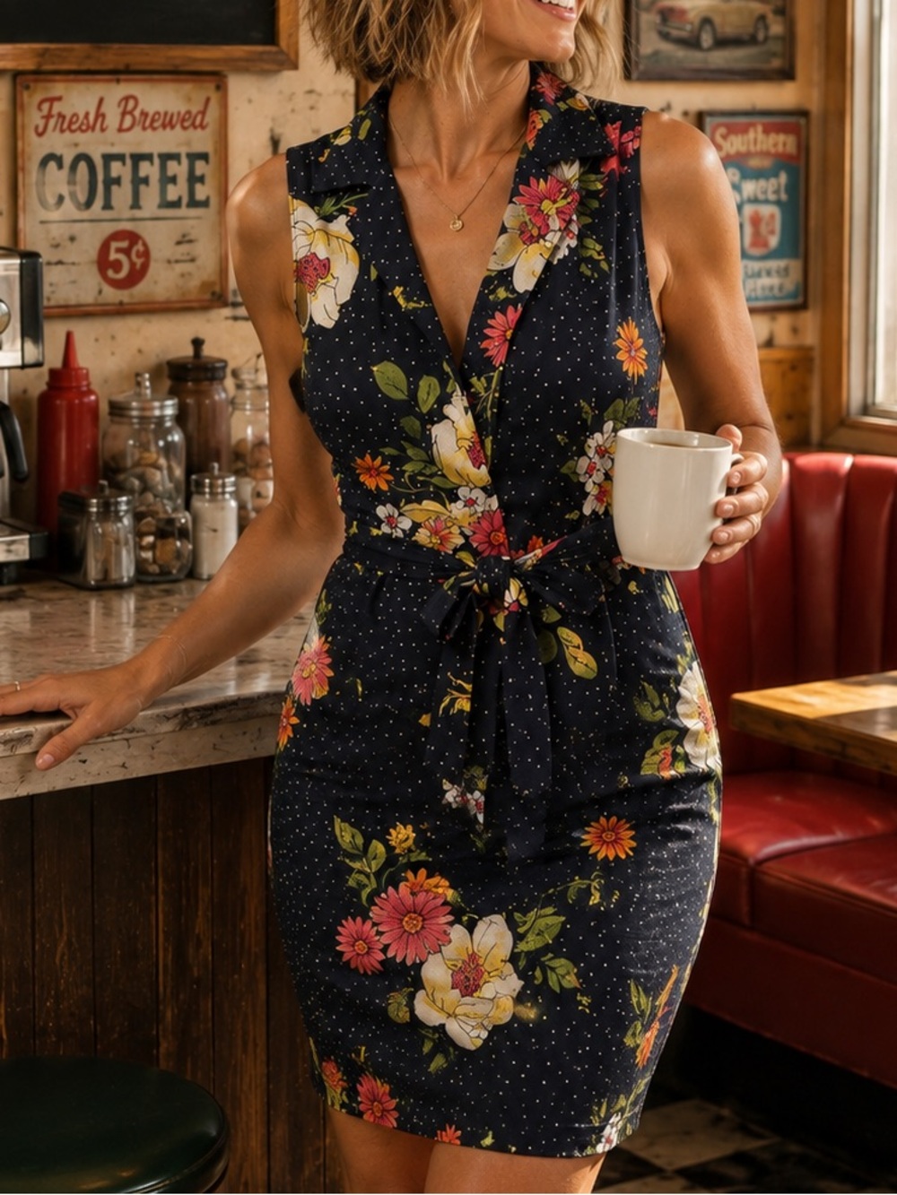 Monteau Los Angeles Floral Tie Waist Vest Dress Navy M